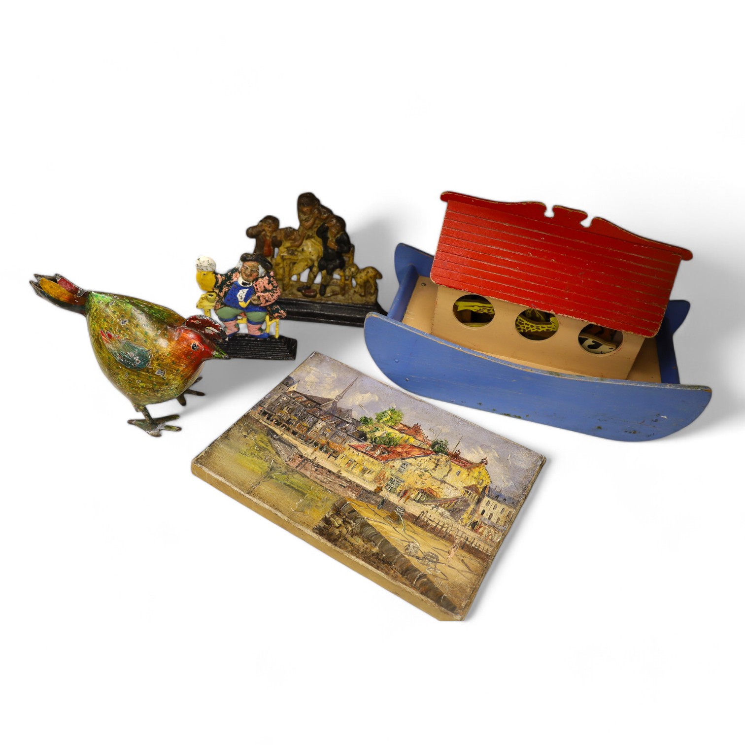 A painted ply Noah's Ark with animals, two Victorian iron door stops, a painted toleware cockerel and an oil on canvas of a harbour view. Condition - varies